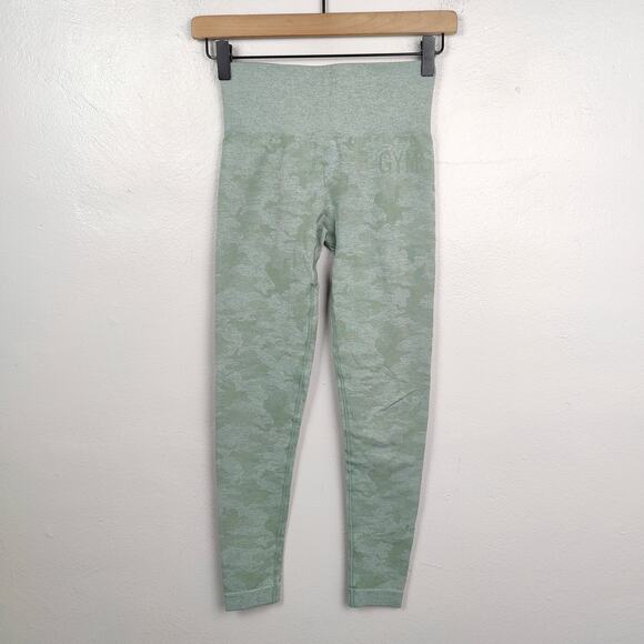 Gymshark Camo Seamless Leggings Womens XS Green‎ Glute Seam Compression Gym Yoga - Picture 1 of 8